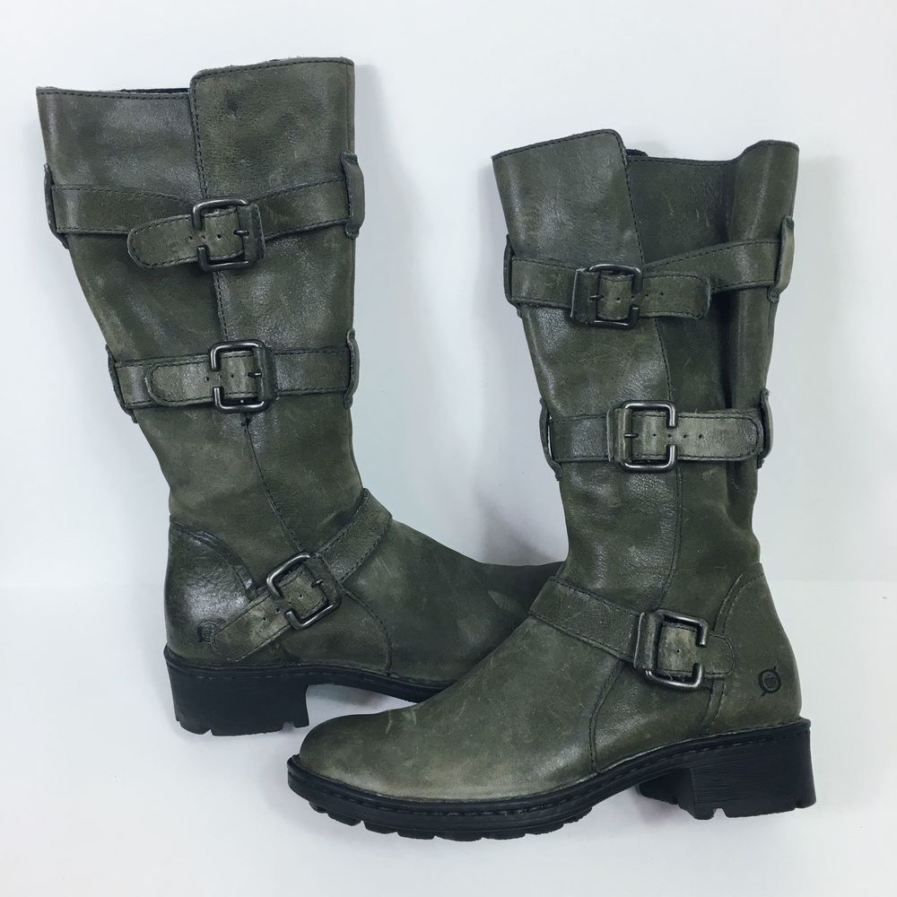 Born Distressed Leather Tall Moto Boots Army Olive